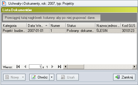 Rysunek 38. Lista dokumentów W dolnej części okna znajdują się następujące przyciski: Otwórz otwiera dokument wskazany na liście (rys. 39).