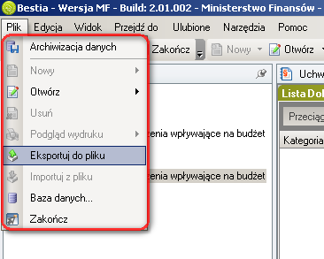 3.6. Eksportowanie danych Podczas pracy w module Uchwały użytkownik ma możliwość eksportowania danych w formacie XML. Obie opcje są dostępne w menu Plik (rys. 48). Rysunek 48.