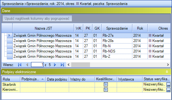 Aby sprawdzić, które sprawozdania zostały podpisane podpisem elektronicznym i ile podpisów zostało złożonych pod sprawozdaniem należy na drzewie modułu Sprawozdania wybrać okres sprawozdawczy a