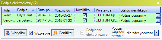 Wybór opcji Podpis elektroniczny Po weryfikacji należy sprawdzić czy złożone podpisy są formalnie zgodne (czy zostało podpisane przez upoważnione do tego osoby).