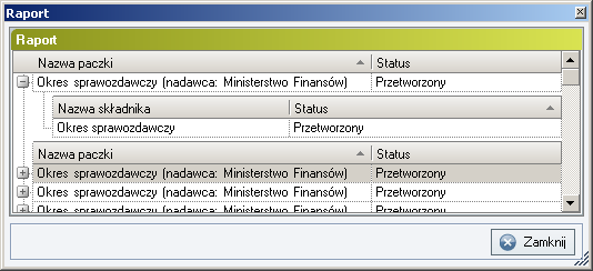 Prawa kolumna Status informuje o postępie przetwarzania składników każdej paczki. Po zapoznaniu się z raportem, należy kliknąć przycisk Zamknij.