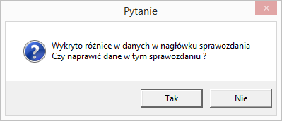 W przypadku kiedy zostanie wykryta niespójnść danych, program poinformuję o tym użytkownika wraz zapytaniem czy przeprowadzić próbę naprawy (rys. 88): Rysunek 88.