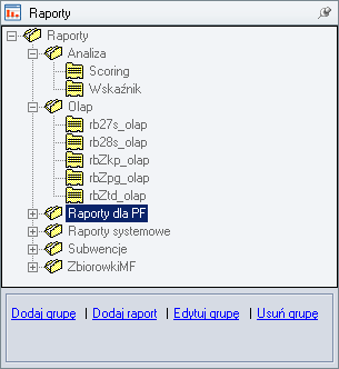 Rysunek 98. Drzewo Raporty w lewym oknie programu Praca w module przebiega w nieco odmienny sposób, aniżeli w pozostałych modułach programu.