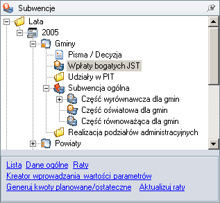 Dane związane z konfiguracją wybranego działu można przeglądać po rozwinięciu gałęzi Lata, roku, jednostki i w końcu zaznaczeniu kategorii Wpłaty bogatych JST.