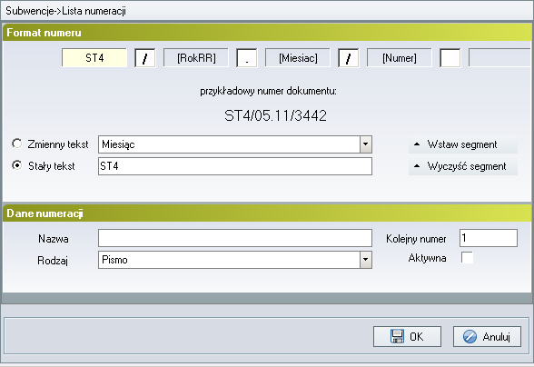 Rysunek 111. Tworzenie nowej numeracji Program umożliwia tworzenie numeru ze stałym tekstem, tekstem zmiennym i separatorami.