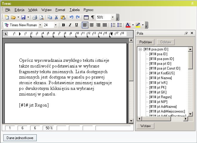 Rysunek 117. Edycja nowego pisma i decyzji. Sekcja Treść Oprócz wprowadzania zwykłego tekstu istnieje także możliwość podstawiania w wybrane fragmenty tekstu zmiennych.