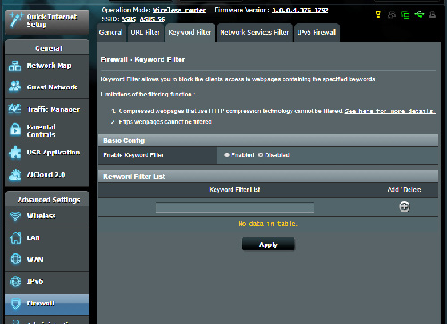 W celu skonfigurowania filtra adresów URL: 1. W panelu nawigacji przejdź do pozycji Advanced Settings (Ustawienia zaawansowane) > Firewall (Zapora) > wybierz zakładkę URL Filter (Filtr adresów URL).