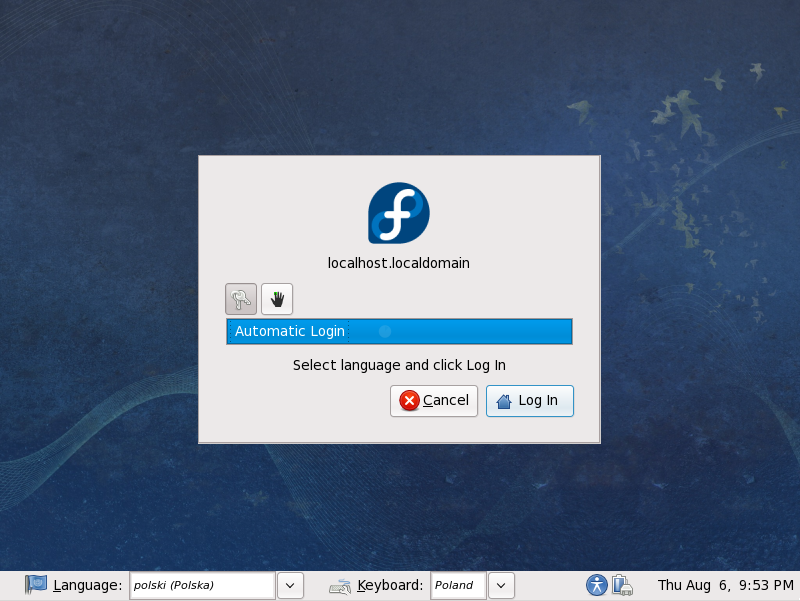 Rysunek 2. Ekran logowania systemu Fedora Live 1. Naciśnij na menu na szarym pasku na dole ekranu, aby wybrać język i układ klawiatury. 2. Naciśnij przycisk Zaloguj się.