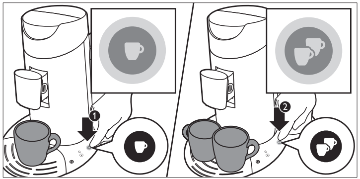 10. Po wybraniu żądanej mocy kawy, naciśnij przycisk z symbolem jednej filiżanki aby przygotować jedną filiżankę kawy(1), lub naciśnij przycisk z symbolem dwóch filiżanek, aby przygotować dwie