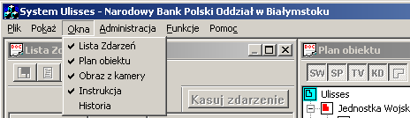 Okna/... Wyświetlanie/Ukrywanie poszczególnych okien. Obecnie aktywne są cztery pierwsze okna z listy. Funkcje/Zmiana operatora Umożliwia zmianę użytkownika systemu, w trakcie systemu pracy.