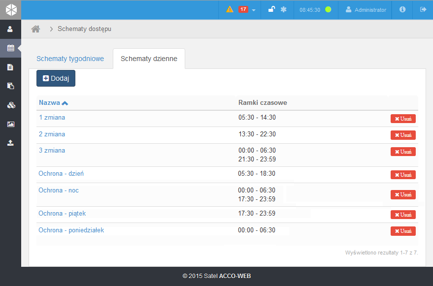 SATEL ACCO-WEB 37 Lista dziennych schematów dostępu Przyciski Dodaj kliknij, żeby wyświetlić okno Dodaj schemat dzienny (patrz: Okno Dodaj schemat dzienny ).