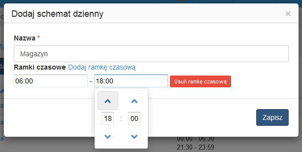 38 ACCO-WEB SATEL Rys. 33. Okno dodawania dziennego schematu dostępu. Dodaj ramkę czasową kliknij na przycisk, żeby dodać ramkę czasową.