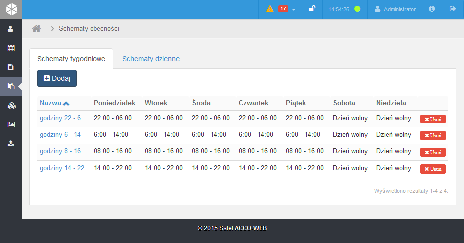 54 ACCO-WEB SATEL 3.6.3.2 Okno Dodaj kalendarz Nazwa wpisz nazwę kalendarza. Jeśli pole zostawisz puste, nazwa zostanie nadana automatycznie: Kalendarz obecności nr.