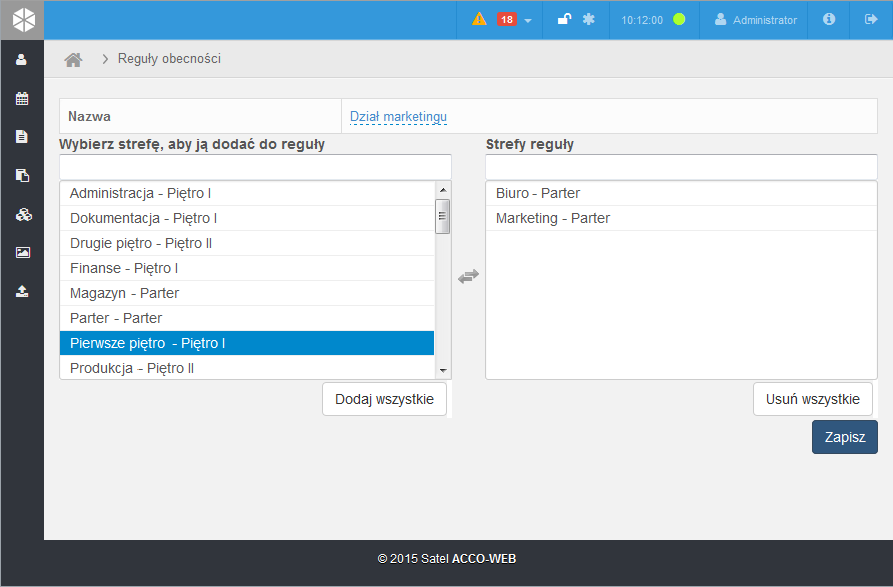 SATEL ACCO-WEB 63 5. Zakończ procedurę edytowania reguły klikając na polecenie Zapisz zmiany w menu po lewej stronie. 3.7 Programy Rys. 57. Strona umożliwiająca edycję reguły obecności.