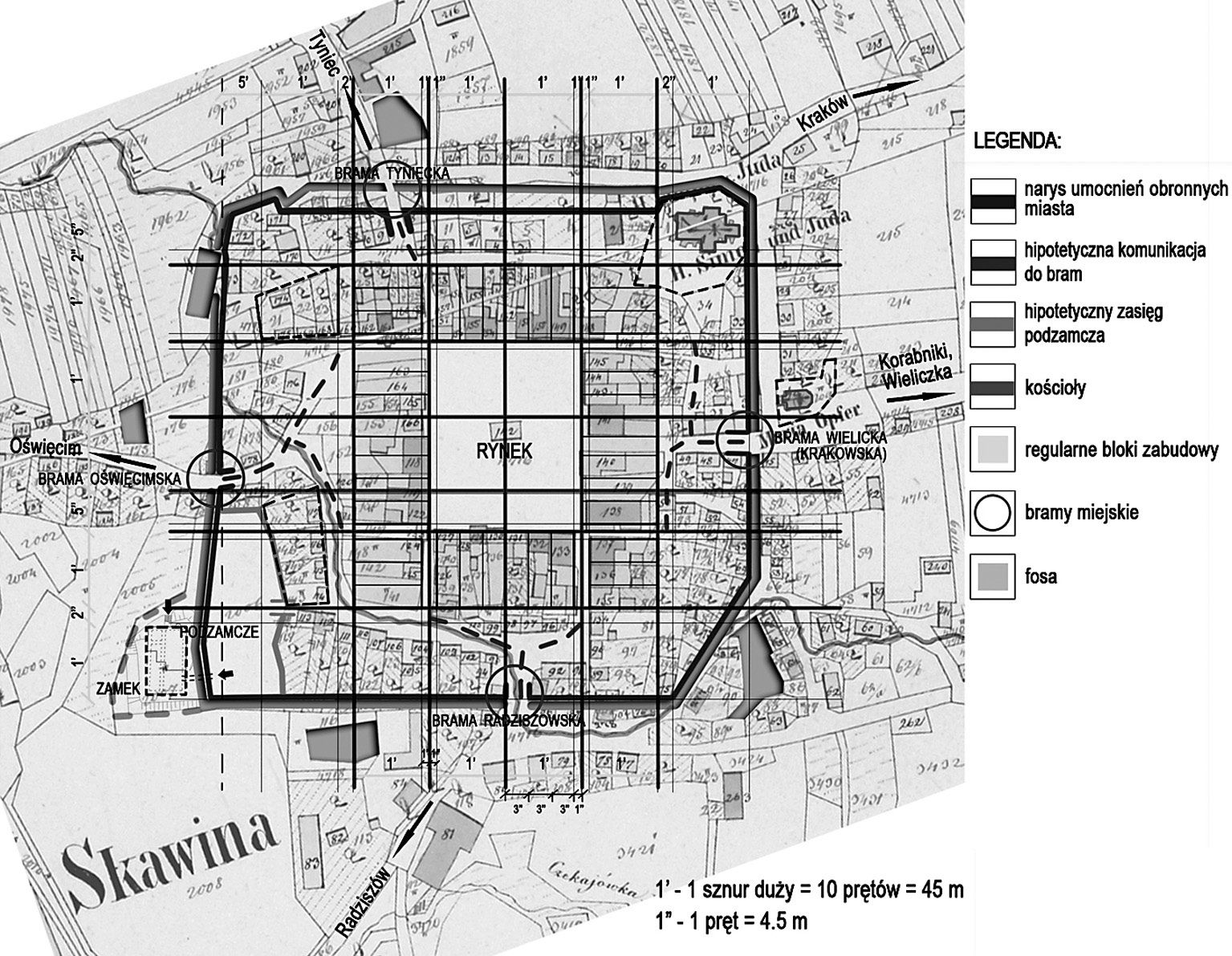 134 Il. 2. Analiza metrologiczna oraz rekonstrukcja układu urbanistycznego Skawiny na podkładzie planu katastralnego z 1845 roku. Oprac. autorka Ill. 2. Metrological analysis and reconstruction of Skawina urban layout based on the cadastral plan from 1845.