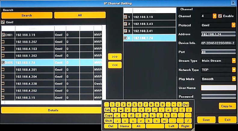 Next check if all settings for this channel are correct, fill username and password C and confirm by using SAVE button. Now you can select next channel from the dropdown menu.