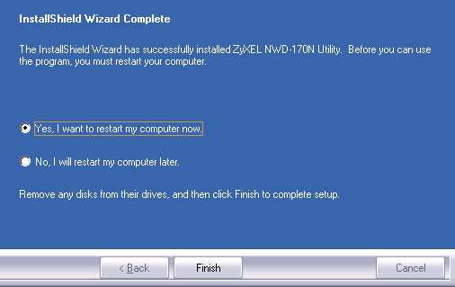 Po zainstalowaniu programu narzędziowego ZyXEL konieczne będzie ponowne uruchomienie komputera. Upewnij się, Ŝe zapisałeś swoją pracę. 7.