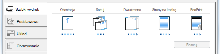 Po każdym kliknięciu ikony stosowane są odpowiednie ustawienia, a ikona jest zmieniana na obraz przypominający wydruk. Karta [Podstawowe] Na tej karcie dostępne są podstawowe, często używane funkcje.