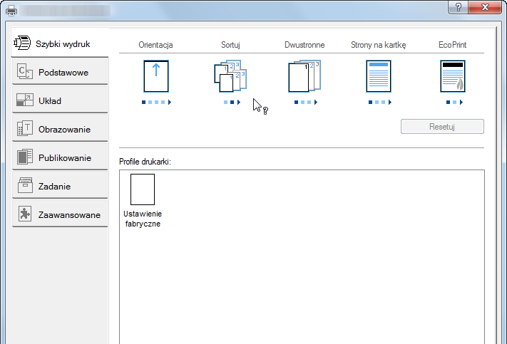 Drukowanie z komputera > Ekran właściwości sterownika drukarki Nr Opis 3 [Resetuj] Umożliwia przywrócenie wstępnych wartości ustawień.