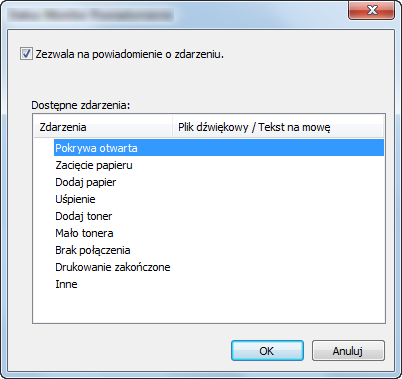 Drukowanie z komputera > Monitorowanie stanu drukarki (Status Monitor) Ustawienia powiadomień programu Status Monitor Kliknij ikonę ustawień, aby na ekranie Status Monitor wyświetlić zdarzenie.