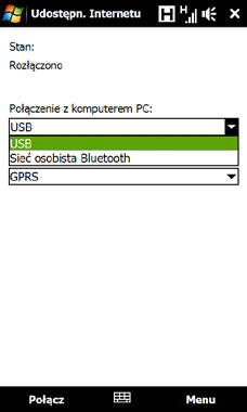 182 Internet Konfigurowanie urządzenia jako modemu USB 1. Podłącz urządzenie do notebooka lub komputera stacjonarnego przy użyciu kabla USB do synchronizacji. 2.