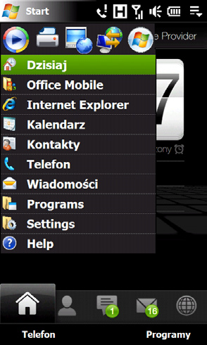 Rozpoczęcie pracy 41 1.8 Menu Start Menu Start, które można otworzyć w lewym górnym rogu ekranu umożliwia dostęp do wszystkich programów i ustawień urządzenia wyposażonego w system Windows Mobile.