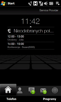 TouchFLO 3D 69 Ekran główny Karta Ekran główny wyświetla bieżącą datę, zegar oraz ikonę Alarm, która określa czy alarm jest włączony, czy wyłączony.