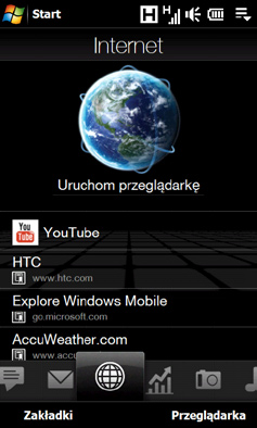 TouchFLO 3D 75 Internet Na karcie Internet można otworzyć program Opera Mobile, aby przeglądać strony internetowe i dodawać je do ulubionych, co pozwoli na szybki dostęp do nich.