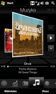 TouchFLO 3D 81 Muzyka Karta Muzyka pozwala na przeglądanie albumów, utworów i odtwarzanie plików muzycznych.