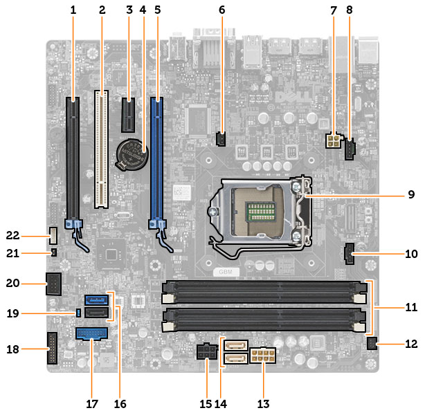Elementy płyty systemowej Rysunek 1. Elementy na płycie systemowej 1. gniazdo PCI Express x16 (podłączone jako x4) 2. gniazdo PCI 3. gniazdo PCIe x1 4. bateria pastylkowa 5. gniazdo PCI Express x16 6.