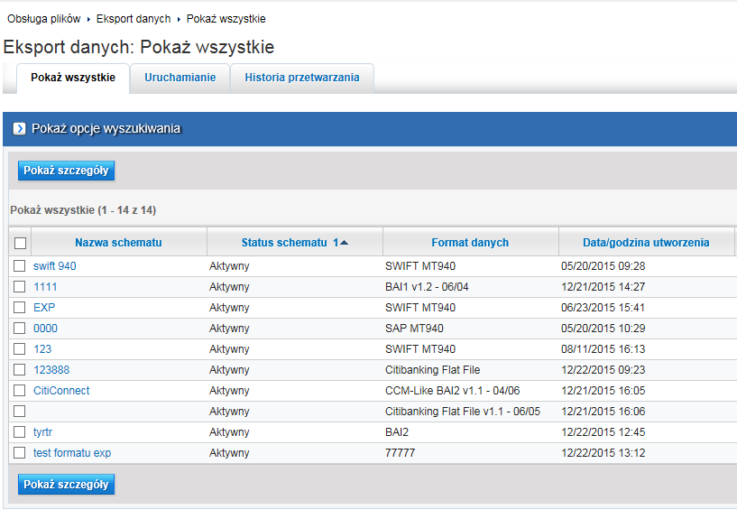 Schemat powinien być widoczny na liście schematów w zakładce Eksport danych.