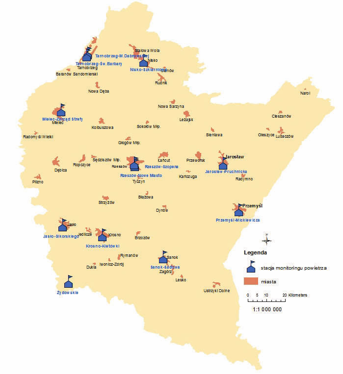 Raport o stanie środowiska w województwie podkarpackim w 212 r. Rys. 2.2.2.1. Rozmieszczenie stacji monitoringu powietrza w województwie podkarpackim w 212 r.