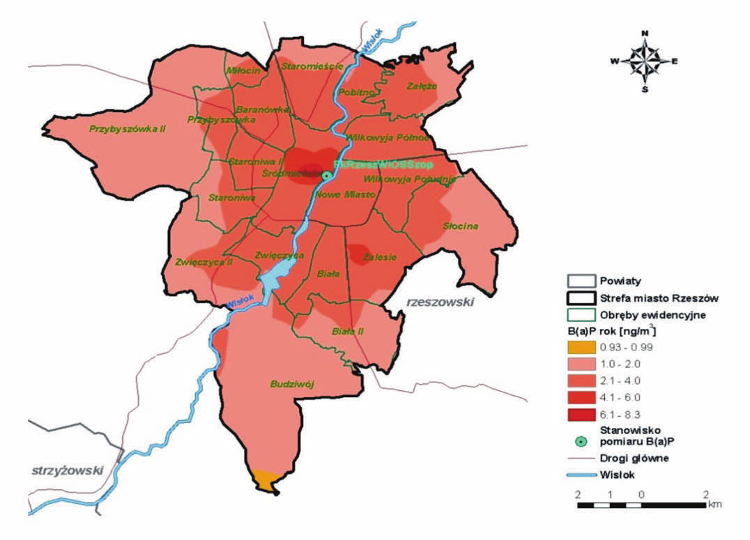 Rys. 2.3.7. Rozmieszczenie wartości percentyla 9,4 ze stężeń 24-godzinnych pyłu zawieszonego PM1 dla strefy miasto Rzeszów (źródło: [85