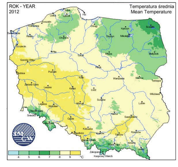 Raport o stanie środowiska w województwie podkarpackim w 212 r. Temperatura powietrza Według klasyfikacji termicznej stosowanej przez IMGW rok 212 w Polsce został sklasyfikowany jako lekko ciepły.