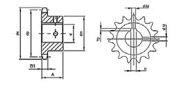 KOŁ ŁŃCUCHOWE 06B-1 3/8 x 7/32 przykładowe otwory P W R B1 9,525 5,720 6,351 5,300 Z de dp D1 Z de dp D1 Z de dp D1 12 14 15 14 15 16 13 43,50 39,80 28,00 25,00 15 16 18 16 18 18 58,30 54,85 43,00