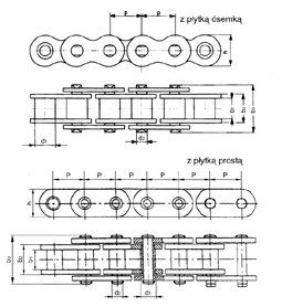 ŁŃCUCHY TULEJKOWE wg PN-78/M-84176, DIN 8164 Łańcuch p b1 b2 b3 d1 d2 h Długość sworznia złącznego F min.