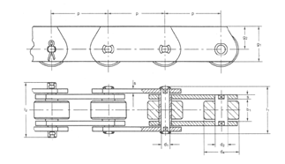 ŁŃCUCHY TRNSPORTOWE MT Z PŁYTKĄ WYSOKĄ wg DIN 8167 Nr ISO Podziałka p b1 min d1 max d2 d4 P g1 g2 s I 1 I 2 F min.