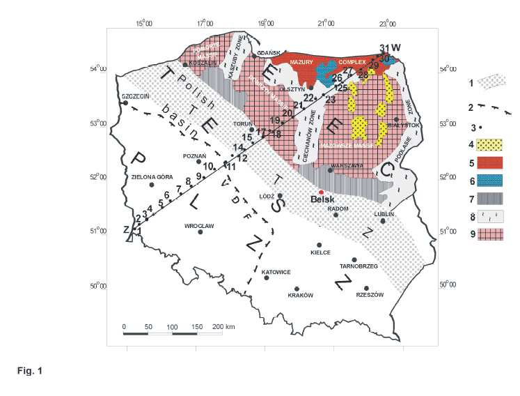 Lkalizacja puktów wiekwych a prfilu Z-W strefa Teisseyre-Trquista zasięg strefy fałdwań waryscyjskich pukty wiekwe