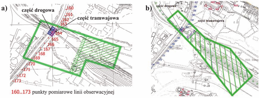 80 Rys. 2. Sytuacja górnicza terenu w rejonie lokalizacji obserwowanego wiaduktu według [7] na dzień a) 24.08.2011 r. [6], b) 17.05.2013 r. Fig. 2. Mining area condition close to the observed viaduct according to [7] data from a) 24 August 2011.