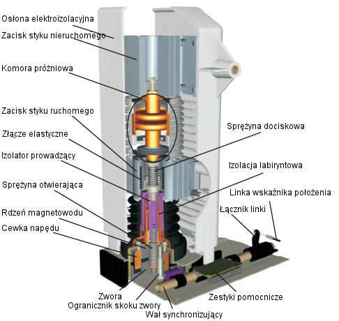 Ponadto styk ruchomy, za pośrednictwem ruchomego izolatora prowadzącego i trzpienia, jest połączony ze zworą napędu elektromagnesowego.