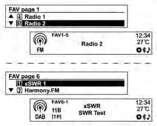 138 System audio-nawigacyjny Można zapisać maksymalnie zestawy ulubionych stacji po sześć stacji radiowych lub stacji DAB w każdym.