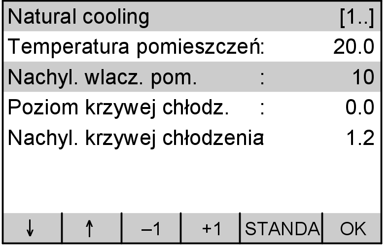 Natural Cooling. Ustawianie pochylenia sterowania temperaturą pomieszczenia Im wyższa jest wybrana wartość, tymwiększy jest wpływ temperatury pomieszczenia.