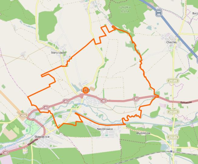 Rysunek 1 Plan sytuacyjny Gminy Ujazd 9 Ukształtowanie terenu 10 Zgodnie z podziałem fizyczno-geograficznym Polski J.