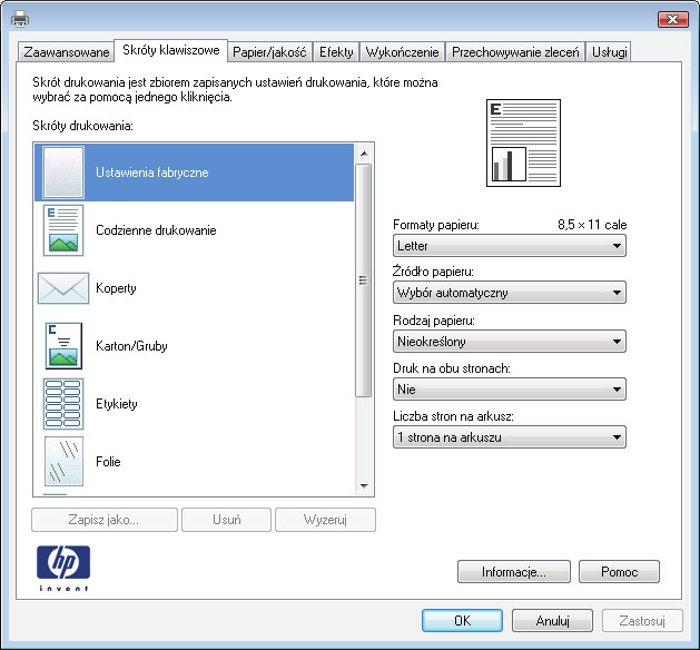 Tworzenie skrótu drukowania (Windows) 1. W programie wybierz opcję Drukuj. 2. Wybierz urządzenie, a następnie kliknij przycisk Właściwości lub Preferencje. 3. Kliknij kartę Skróty klawiszowe. 4.