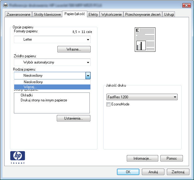 Wybór rodzaj papieru (Windows) 1. W programie wybierz opcję Drukuj. 2.