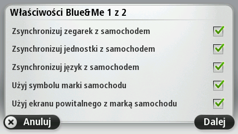 Synchronizacja ustawień Niektóre ustawienia urządzenia nawigacyjnego Blue&Me-TomTom 2 można zsynchronizować z ustawieniami samochodu.