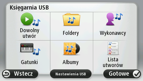 Dotknij opcji Biblioteka USB, aby otworzyć menu biblioteki. Dotknij opcji Odtwórz dowolny utwór, aby wybrać przypadkowy utwór. Program Media Player rozpocznie odtwarzanie wybranego utworu.