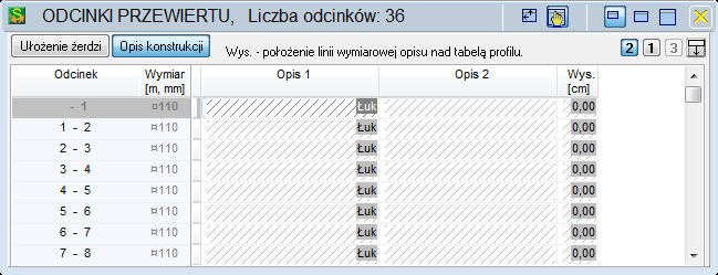 Opis konstrukcji Odcinek nazwa odcinka między punktami konstrukcyjnymi Wymiar średnica żerdzi Opis 1 1 linia opisu w łańcuchu wymiarowym, opis w