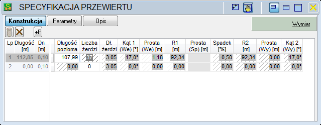 Dane tabele danych projektu SPECYFIKACJA PRZEWIERTU Konstrukcja Dostawienie osobnego profilu (Insert, Down lub <Ctrl+2>) Lp numer porządkowy Długość przewiertu [w metrach] Dn średnica żerdzi Długość