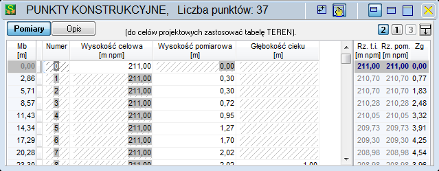 PUNKRY KONSTRUKCYJNE Pomiary (tytuł dla wersji limitowanej M ) (tylko wersja limitowana M Pomiary): Mb - metr bieżący, lokalizacja punktu konstrukcyjnego (główka żerdzi) Numer - oznaczenie punktu